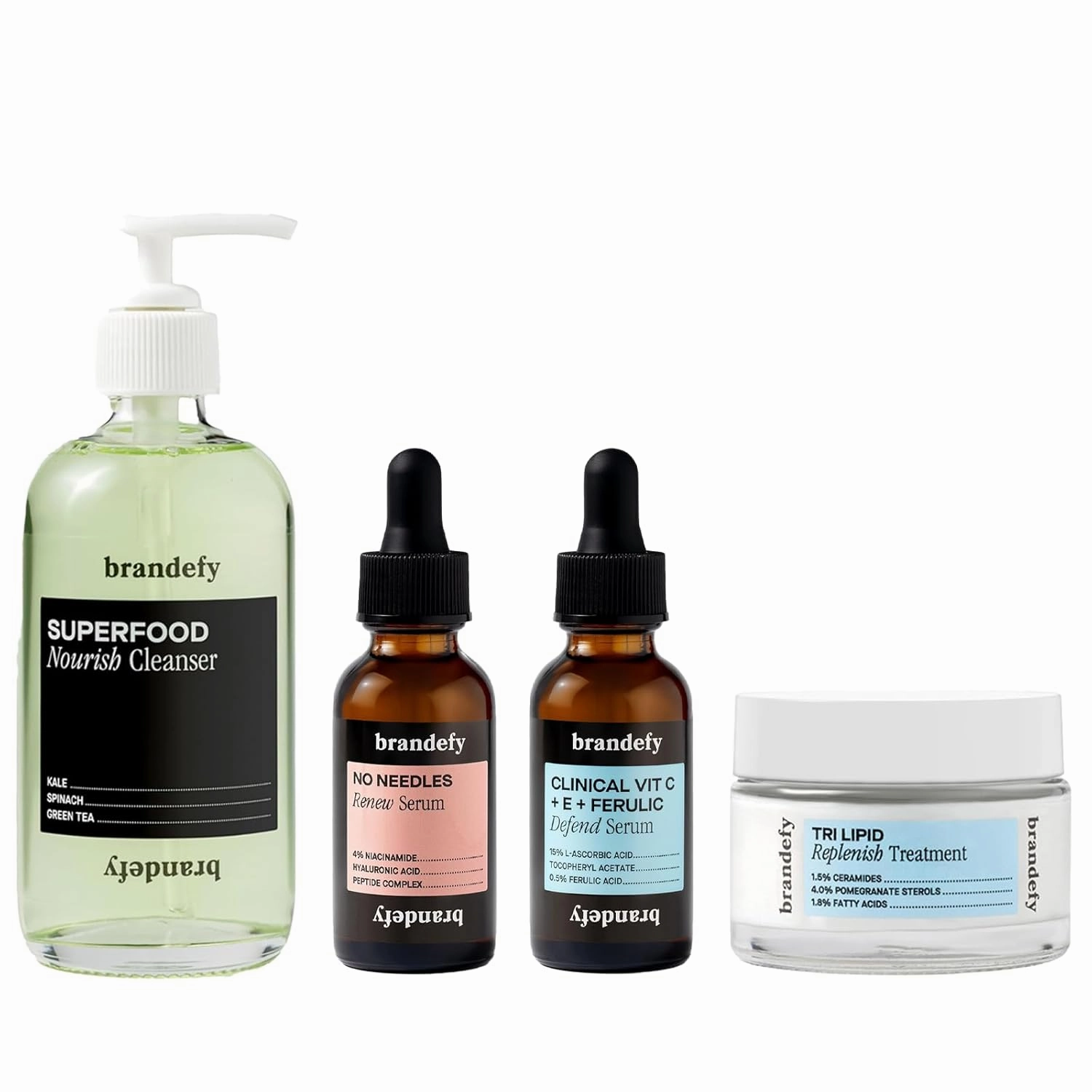 Brandefy Holiday Luxe Essentials Set - Superfood Nourish Cleanser, No Needles Renew Serum, Clinical Vit C   E   Ferulic Defend Serum and Tri Lipid Replenish Treatment