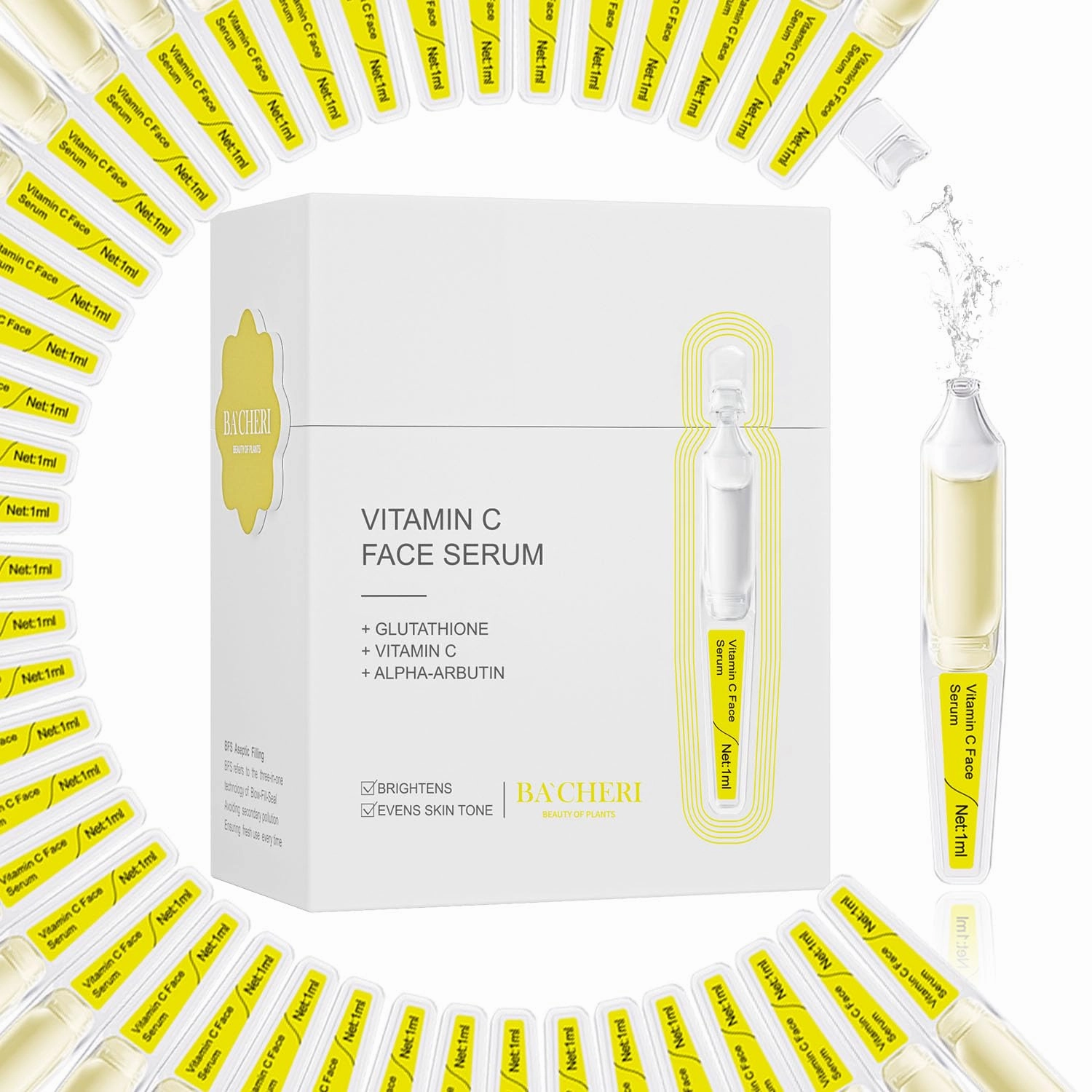 Brightening & Hydrating Face Serum with Vitamin C, Hyaluronic Acid, Glutathione, and Botanical Extracts,– Multi-Action Antioxidant, Barrier Repair & Anti-Aging Formula, 15 Pcs/Box Ampoules