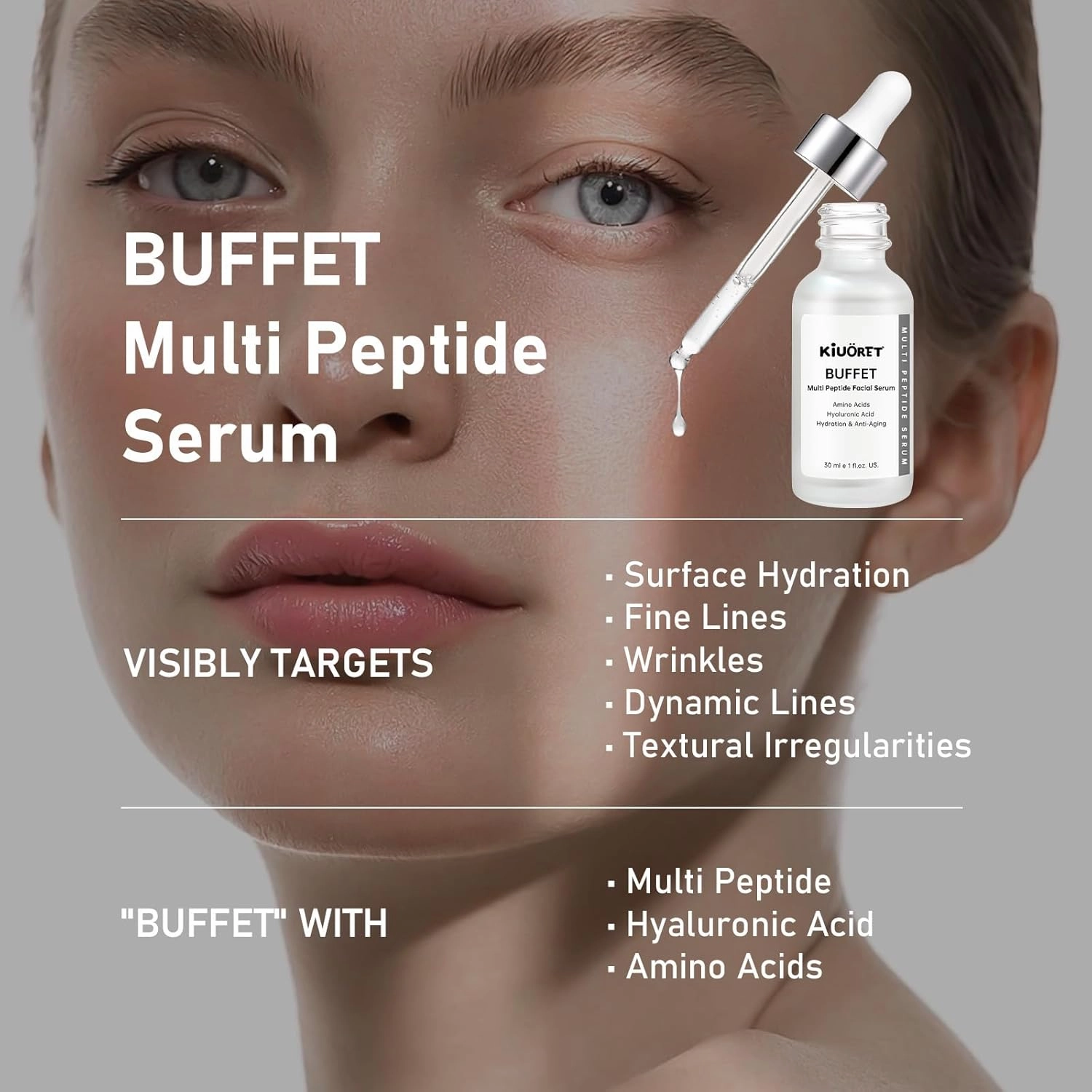 Buffet Peptides Serum for Face, 2PCS Multi Peptide Facial Serum Reduces Wrinkles and Fine Lines, Peptide Serum with Hyaluronic Acid and Amino Acids for Hydration and Anti-Aging, For Women & Men