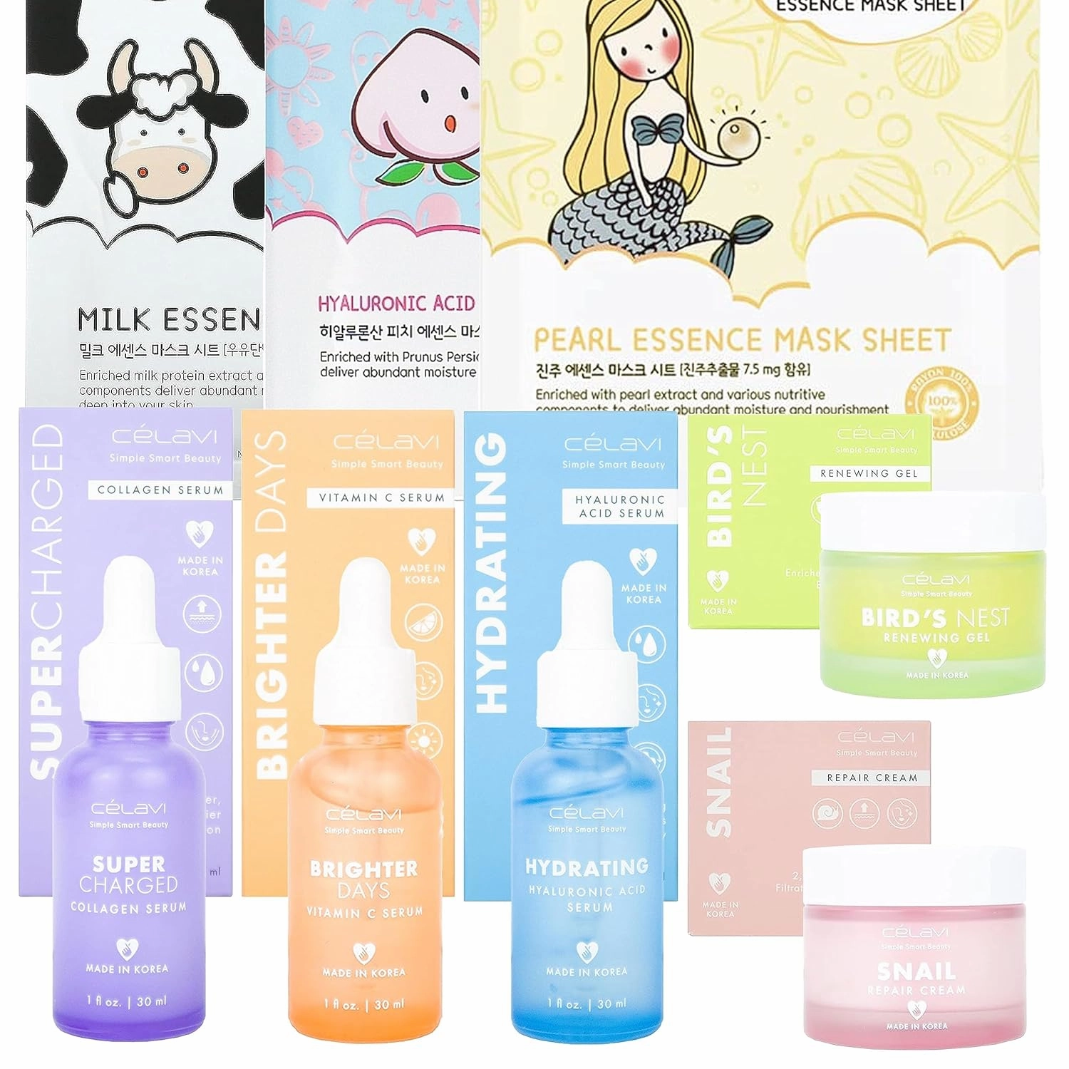 Bundle Korean Skincare Celavi Collection Vitamin C, Hyaluronic Acid, Bird’s Nest Skin Gel, Snail Mucin Essence Cream & Collagen Serum, Anti-Aging, Skin Brightening, Wrinkles & Face Masks