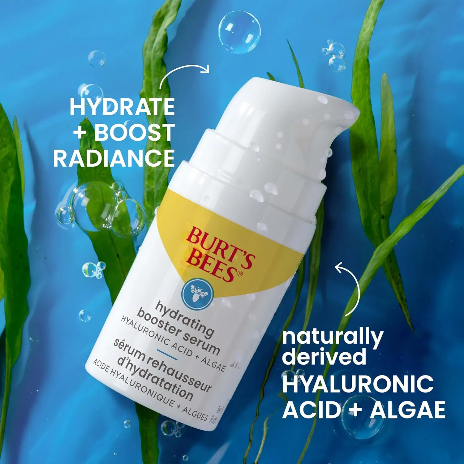Burt's Bees Hyaluronic Acid Face Serum, Hydrates & Boosts Skin Naturally for Smoother, Glowing Skin Tone, Lightweight, with Algae - Hydrating Booster Facial Serum (1 oz)