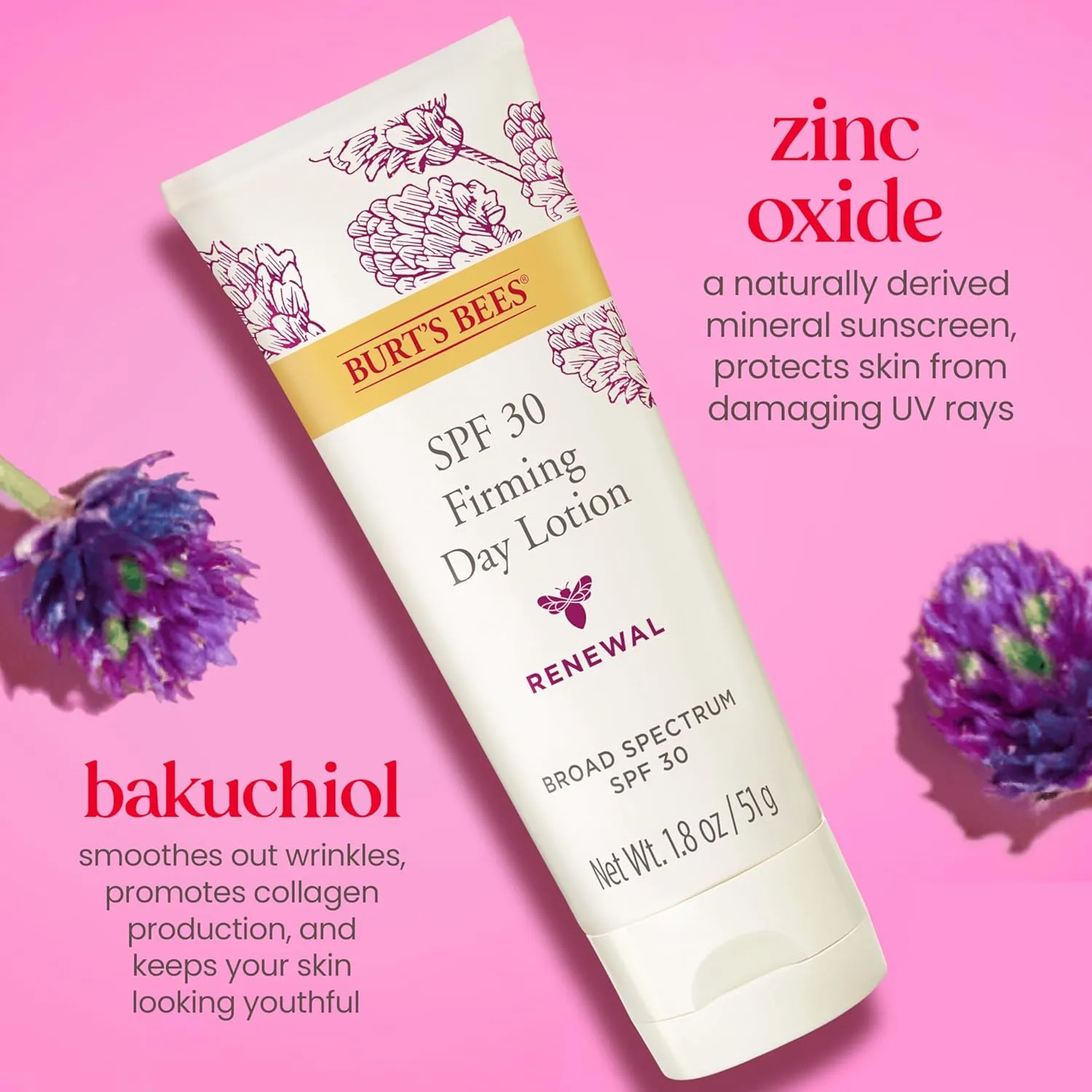 Burt's Bees Renewal SPF 30 Firming Day Face Lotion With Bakuchiol, Sunscreen Face Lotion With Natural Retinol Alternative, 98 Percent Natural Origin Skin Care, 1.8 oz. Tube
