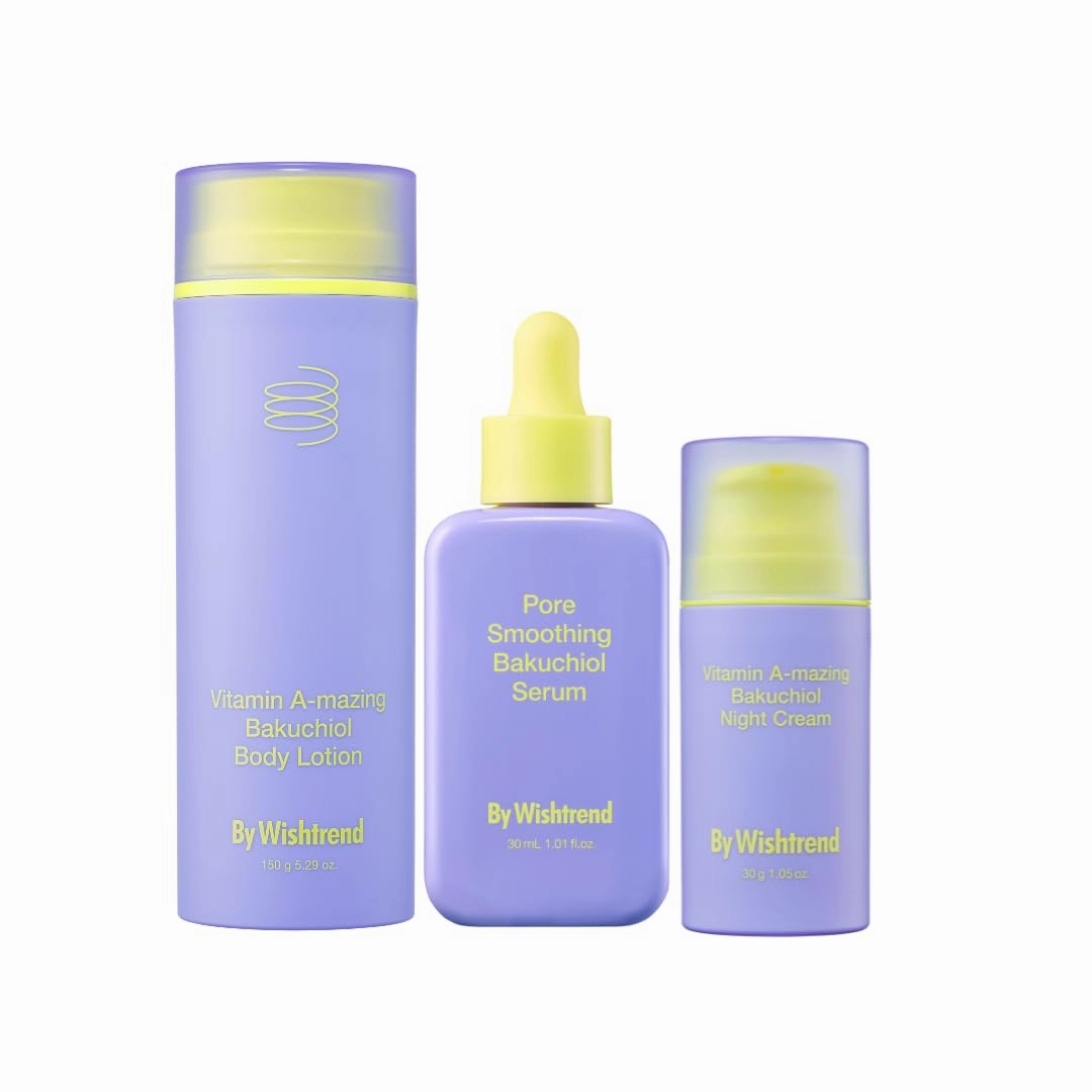 BY WISHTREND Vitamin A-Mazing Bakuchiol Trio, Body Lotion 150g & Serum 1.01 fl oz & Night Cream 1.05 oz, Powerful Pore Care Skincare Set for Holiday