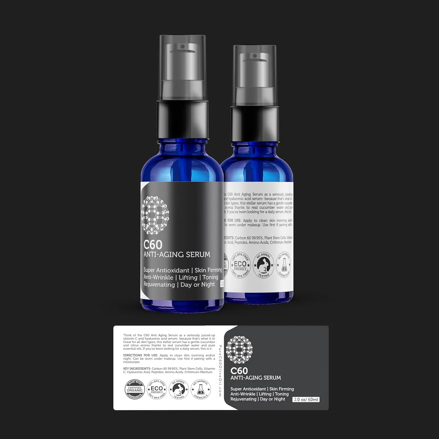 C60 Anti-Aging Face Serum 60ml with Hyaluronic Acid, Plant Stem Cells, Peptides, Vitamins B   C & Anti Aging Wrinkle Complexes for Men & Women Made with Organic Ingredients