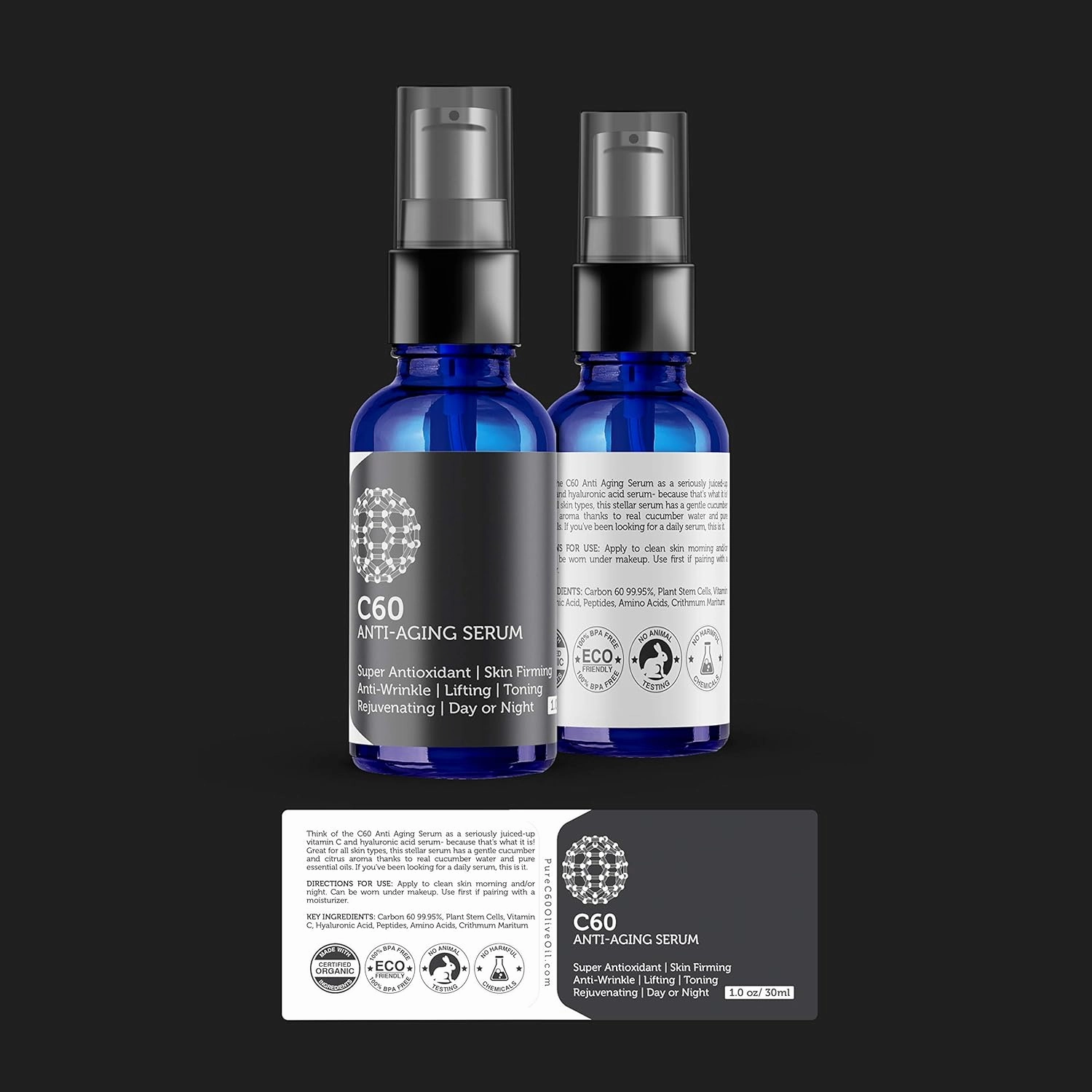 C60 Anti-Aging Face Serum 30ml with Hyaluronic Acid, Plant Stem Cells, Peptides, Vitamins B   C & Anti Aging Wrinkle Complexes for Men & Women Made with Organic Ingredients