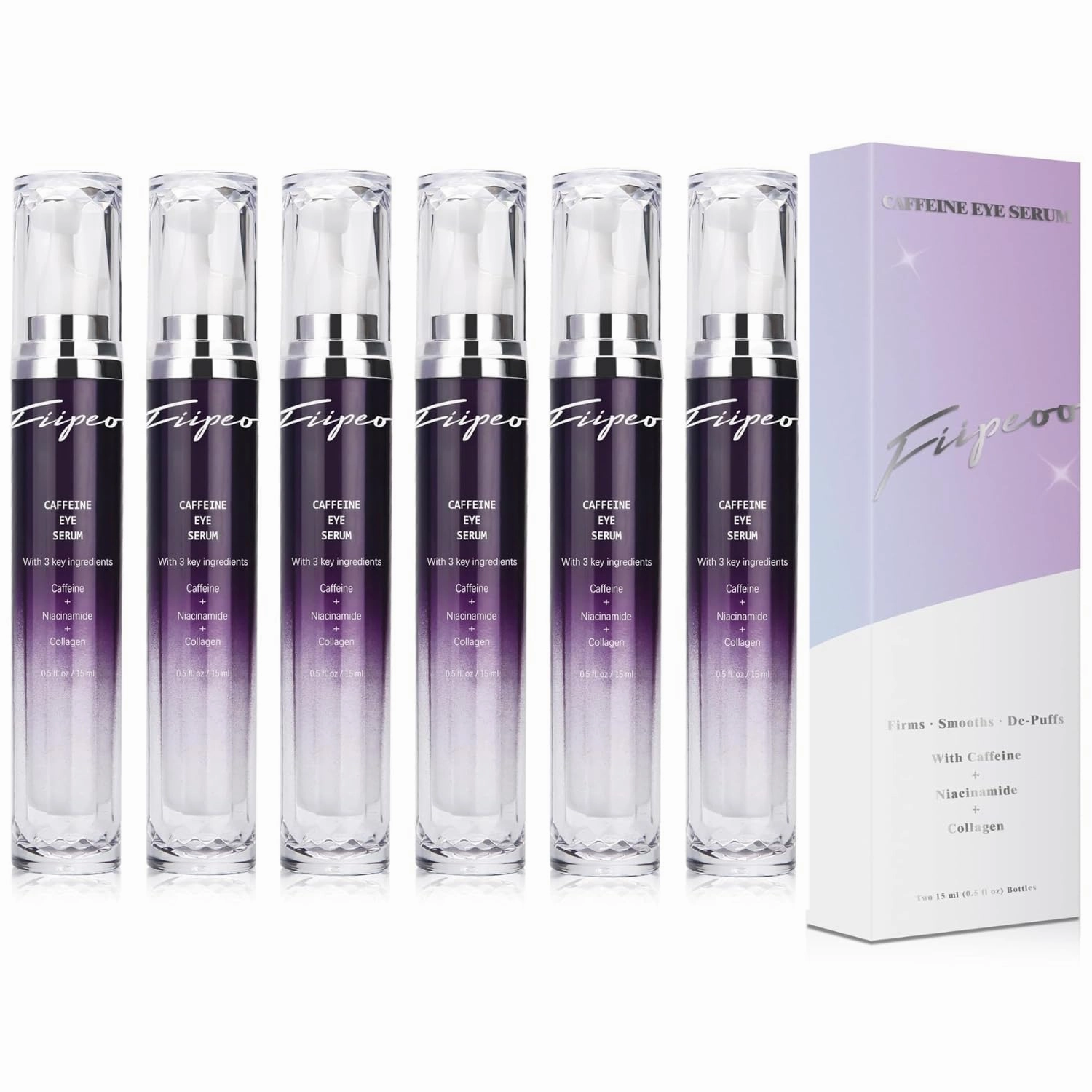 Caffeine Eye Cream for Dark Circles - Caffeine Eye Serum Infused with Collagen and Niacinamide, Cream for Puffines and Bags Under Eyes w/ 360° Depuffer Roller (0.5 Fl Oz (Pack of 6), Gentle Coffee)