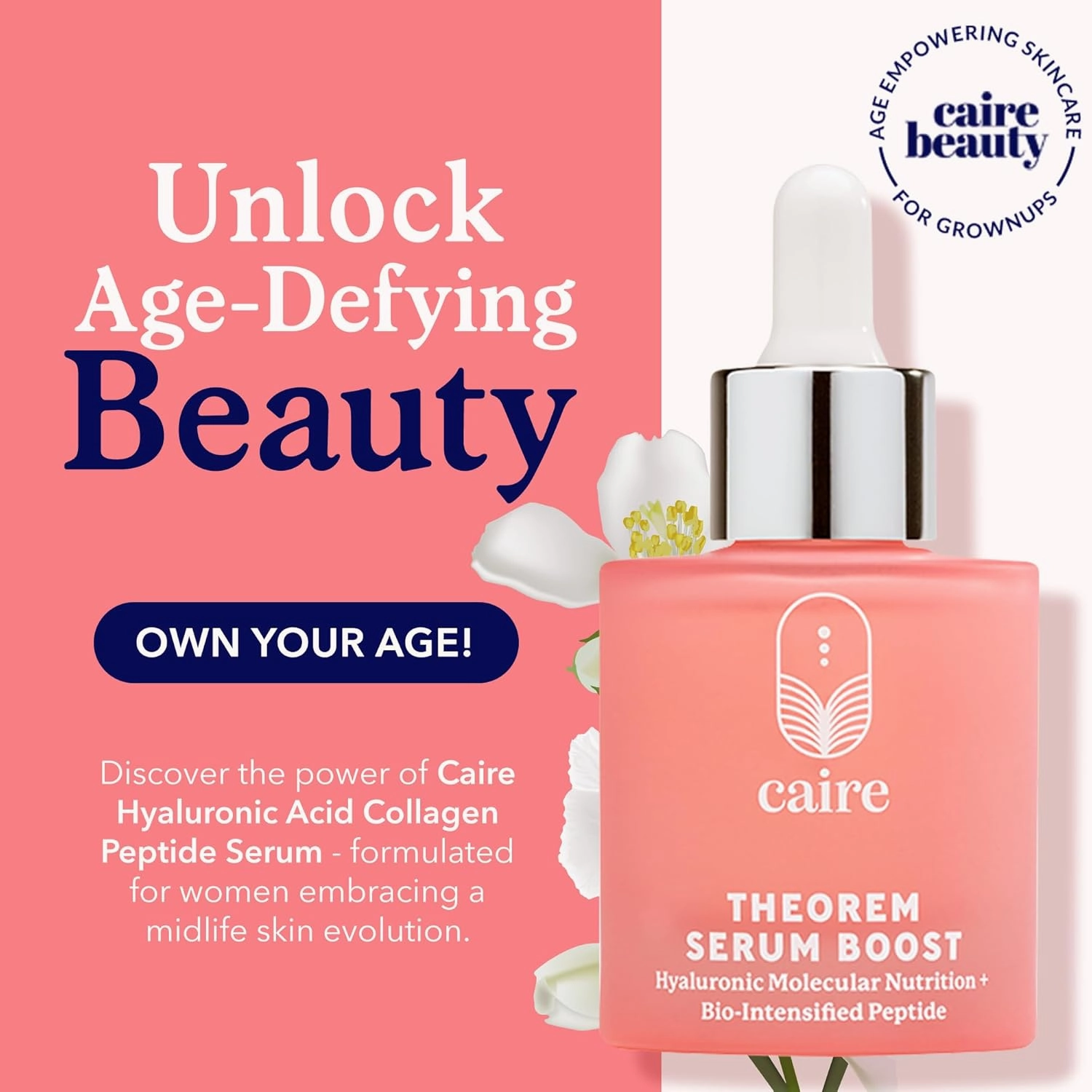 Caire ‘Own Your Age’ Hyaluronic Acid Peptide Deep Infusing Serum for Face, Eyes   Neck | Wrinkle Fighting, Collagen Generation for Women Over 40 | 30ml
