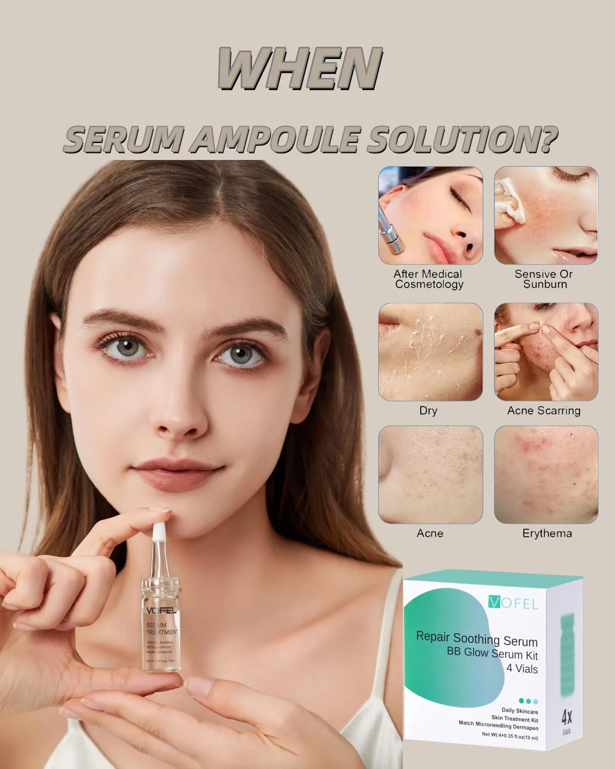 Centella Asiatica Serum for Face with Hyaluronic Acid Repair and Centella Serum for Face Moisturizer 0.35 oz 4 Vials Serum Ampoule Set (4pc repair kit)