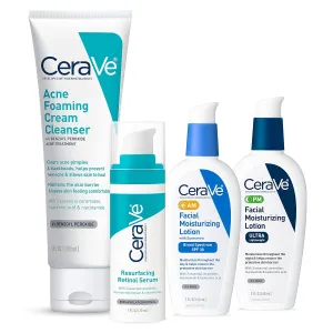 CeraVe Acne Skin Care Set, 5oz Acne Foaming Cream Cleanser   1oz Resurfacing Retinol Serum   2oz AM Facial Moisturizing Lotion with SPF 30   2oz PM Facial Moisturizing Lotion