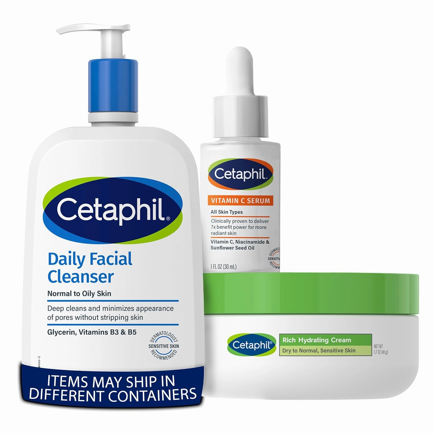 Cetaphil Vitamin C Serum, 1oz   Rich Hydrating Night Cream For Face, 1.7 oz, Moisturizing Cream   Face Wash, Daily Facial Cleanser for Sensitive, Combination to Oily Skin, 20 oz, Bundle