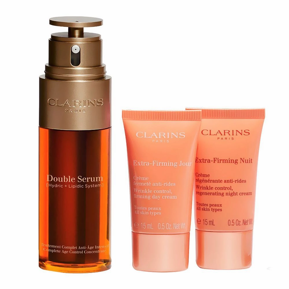 Clarins Paris Age-Defying Set: Face Double Serum 50ml Extra Firming Day& Night Cream 15ml Each Eye Serum 0.9ml, 4-Pack