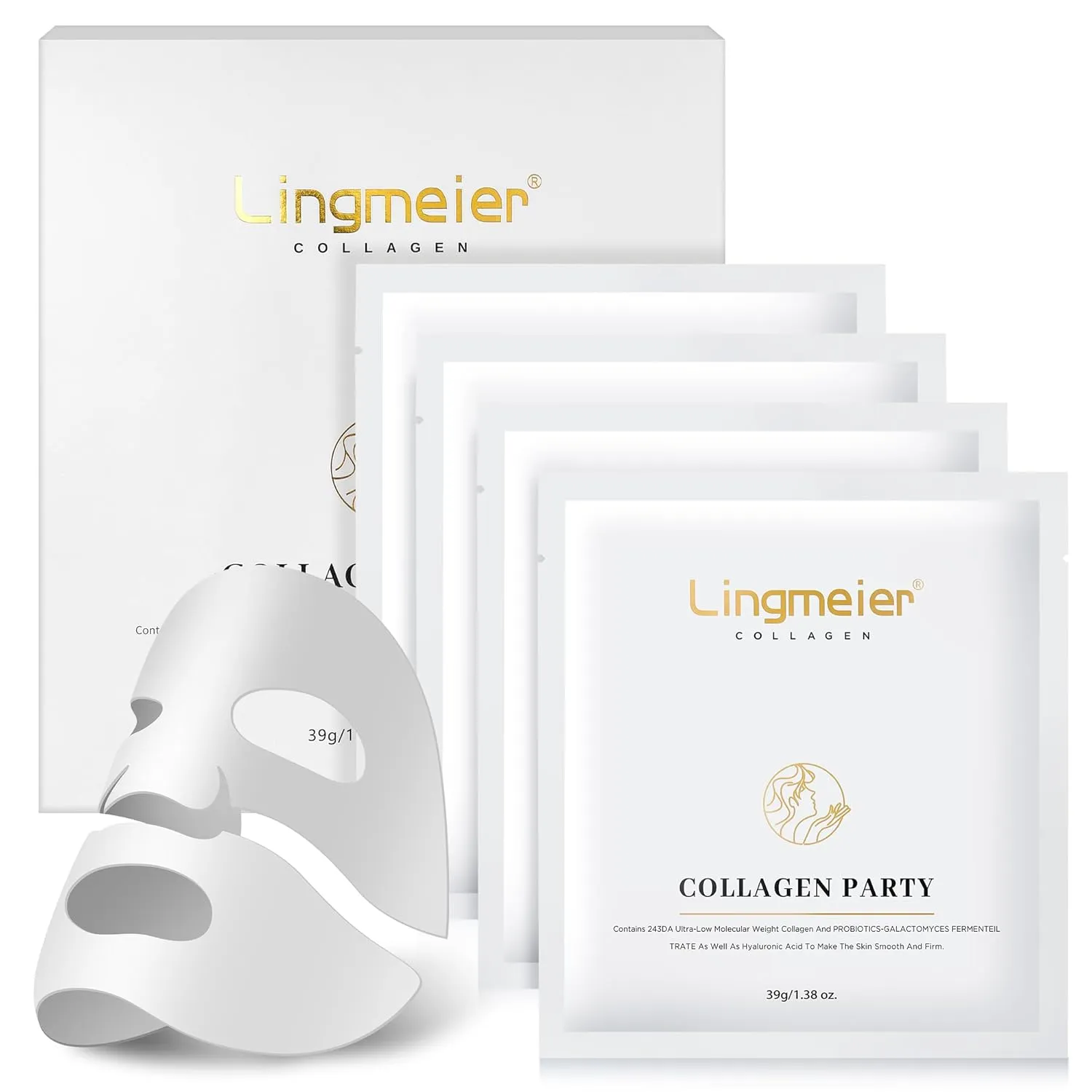 Collagen Face Mask, Real Collagen 80,000ppm for Elasticity, Skin Care with Hyaluronic Acid, Hyaluronic Acid Serum for Face, Original Hydrating Collagen Face Mask, 39g x4 Sheets