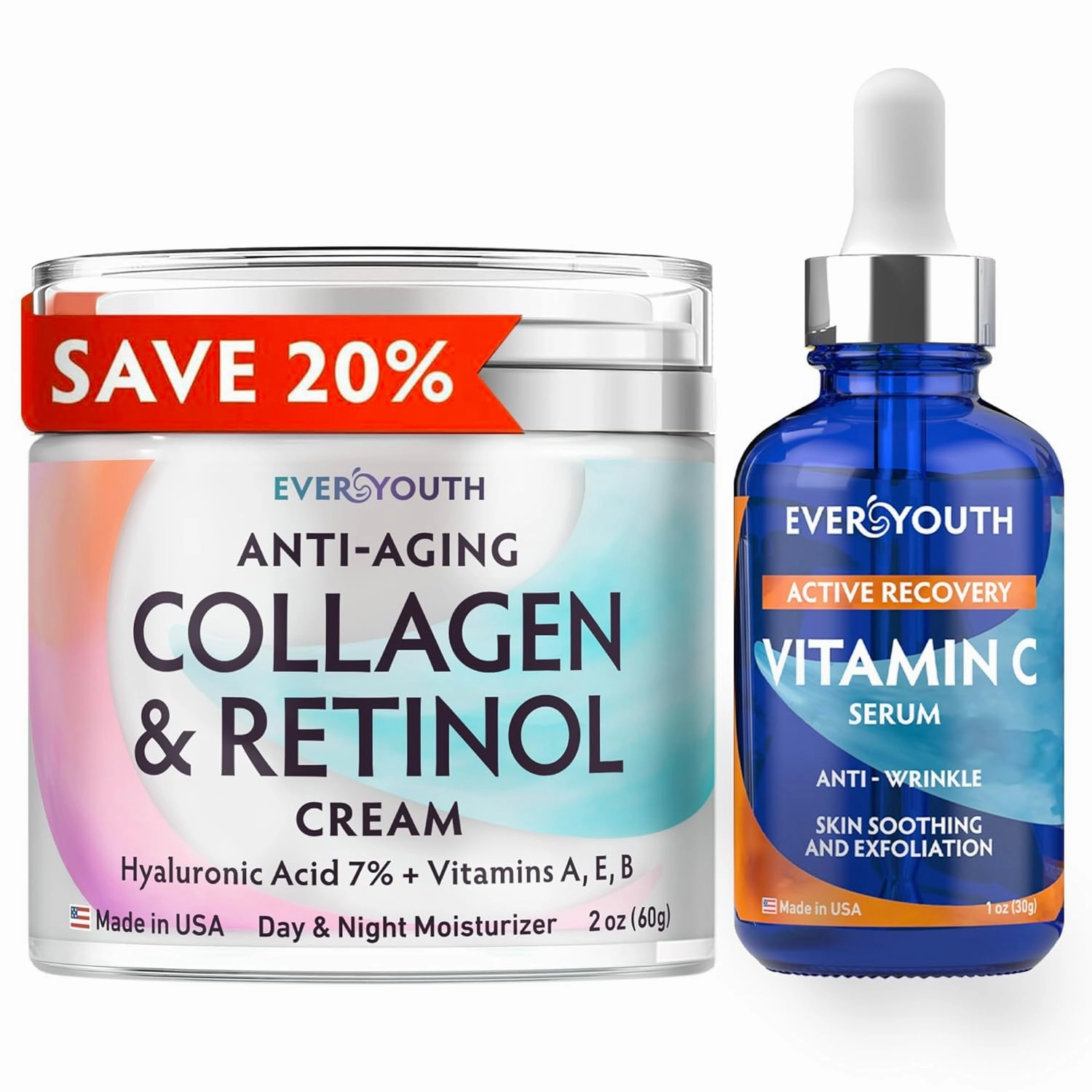 Collagen Cream for Face & Vitamin C Serum 20% Bundle, Anti Aging Facial Moisturizer and Stem Cell Serum with Hyaluronic Acid - Save 20%