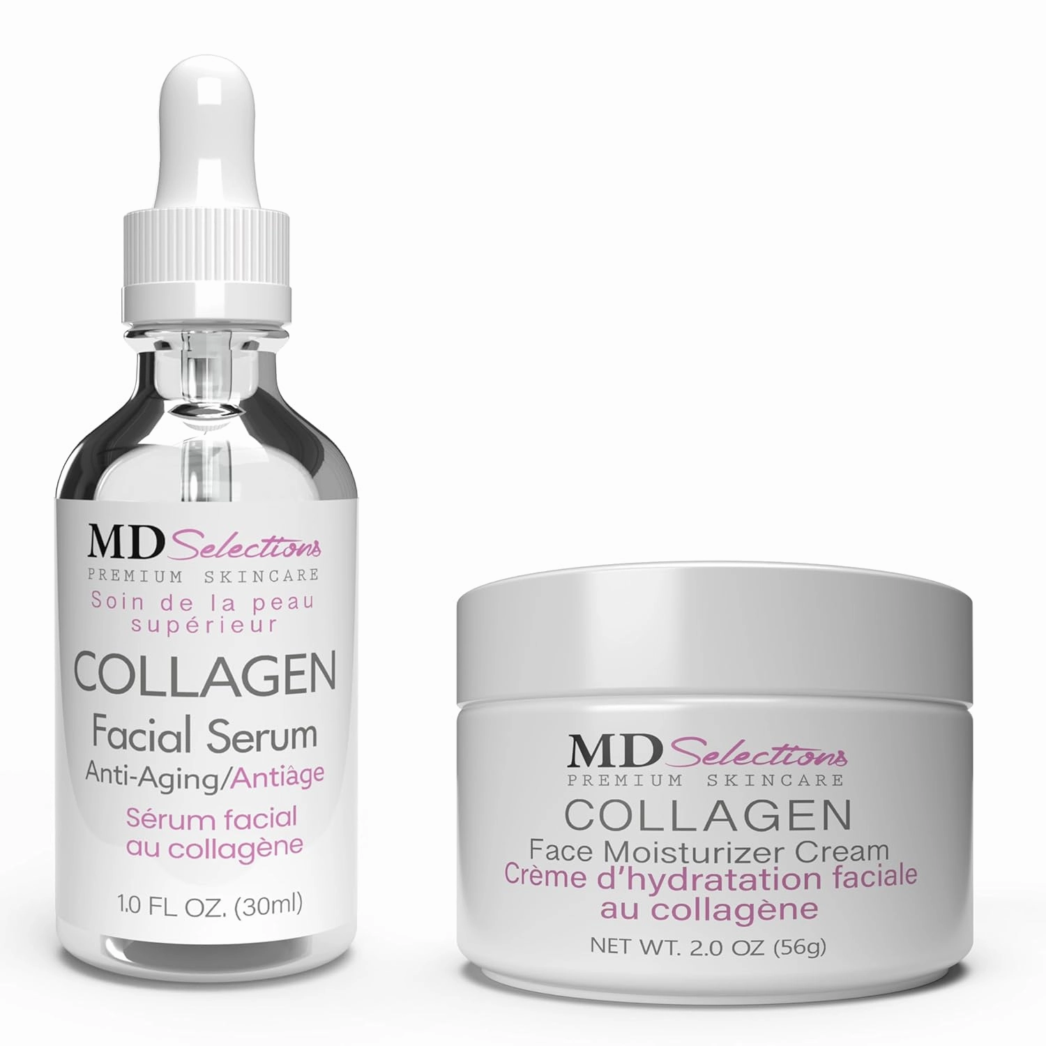 Collagen Facial Serum & Cream | Face Moisturizer Advanced Collagen Peptide | Tighten for Dry Skin Vegan Repair Anti Aging Hydratation Faciale Formula | Serum 1 Fl Oz, Cream 2 Oz