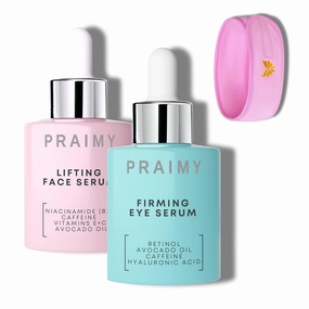 Complete Anti-Aging System - Face Lifting Serum & Firming Eye Serum with Vitamin C, Niacinamide, Retinol - Reduces Wrinkles, Dark Circles & Puffiness - Plus Spa Headband - Vegan Formula