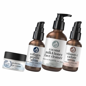 Complete Skincare Essentials Bundle: Probiotic Eye Cream, Peptide Collagen Serum, Milk & Honey Cleanser, Vitamin C Face Serum