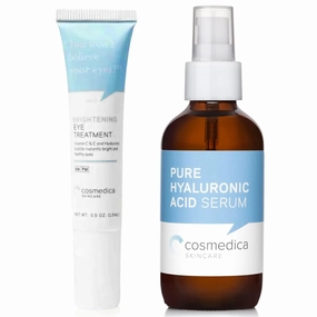 Cosmedica Skincare Brightening Eye Gel 0.5 Fl. Oz & Hyaluronic Acid Serum 4 Fl. Oz Bundle – Hydrating & Anti-Aging Duo for Dark Circles, Puffiness, Wrinkles & Fine Lines