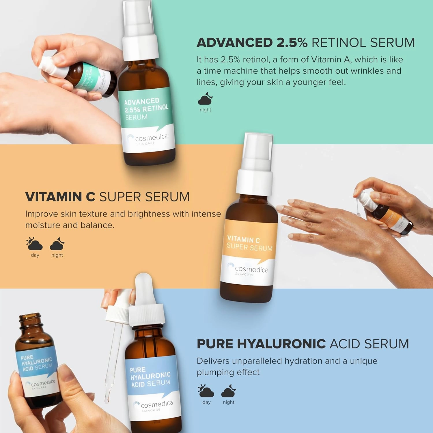 Cosmedica Skincare Facial Serum Trio Set Value for Clear Skin - Vitamin C Super Serum, 2.5% Retinol Serum, Pure Hyaluronic Acid Serum – Vegan, Cruelty-Free Skincare 6 pack