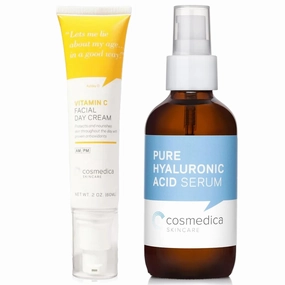 Cosmedica Skincare Vitamin C Facial Day Cream 2 Oz & Pure Hyaluronic Acid Serum 4 Fl. Oz Bundle – Brightening & Hydrating Facial Moisturizer Duo for Nourished, Youthful Skin