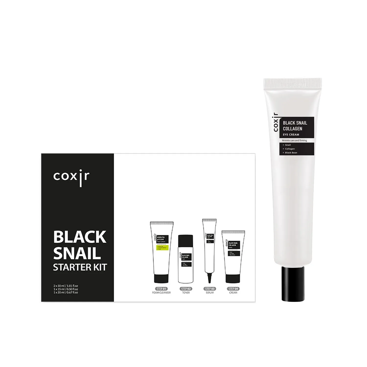 coxir BLACK SNAIL COLLAGEN STARTER KIT   EYE CREAM 1.01 fl.oz l Snail Mucin, Black Rice, Collagen l Firming, Moisturizing, Skin Barrier, Korean Skincare