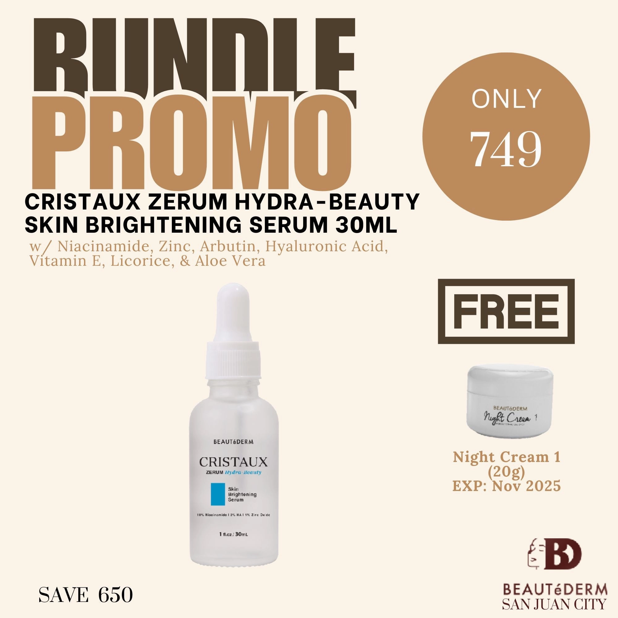 Cristaux Zerum Hydra-Beauty Skin Brightening Serum 30ml Free Night Cream 1 (20g)