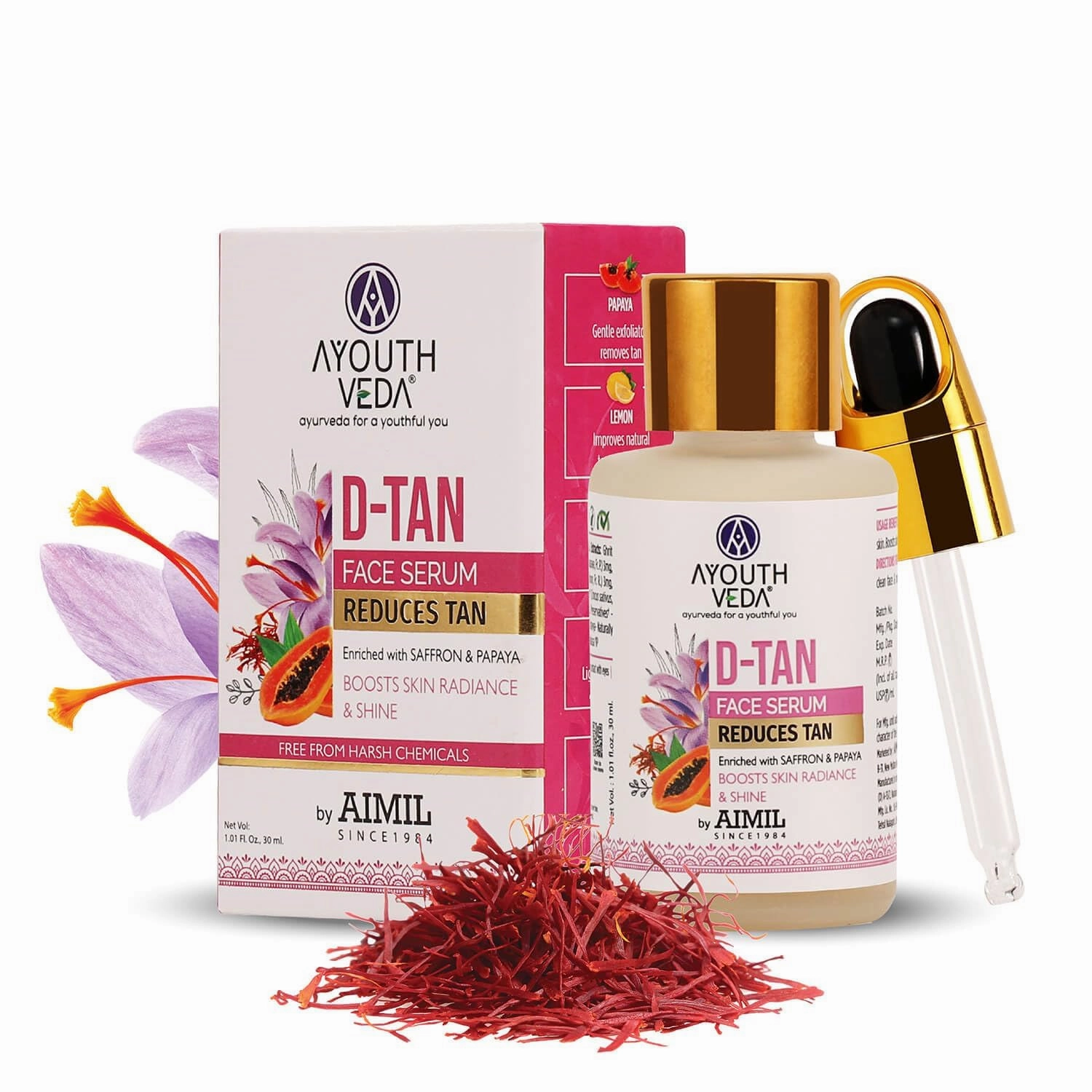D-Tan Face Serum Enriched With Saffron & Papaya For Nourished Skin, Reduces Tan 30ml floz (pack of 1)