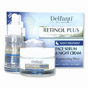 Delfanti Milano • RETINOL PLUS with pure HYALURONIC Acid • FULL SIZED NIGHT TREATMENT DUO PACK Concentrated Regenerating Serum and Night Cream for Face and Neck • Made in Italy