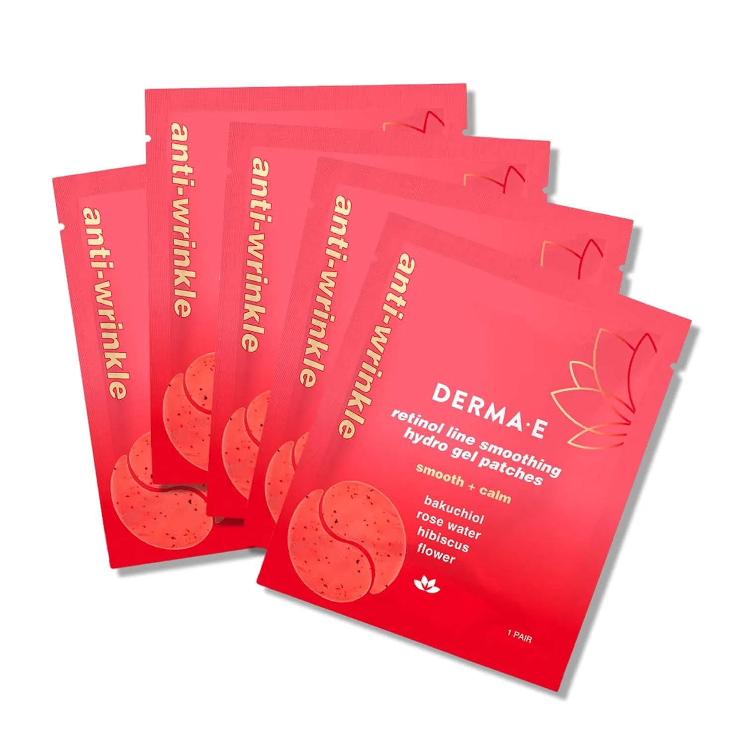DERMA E Retinol   Bakuchiol Under Eye Patches (5 Pairs) Non-Irritating, Line Smoothing Hydro Gel Eye Patches with Rose Water & Real Hibiscus Petals, Helps Reduce Fine Lines, Crows Feet & Wrinkles,10Ct