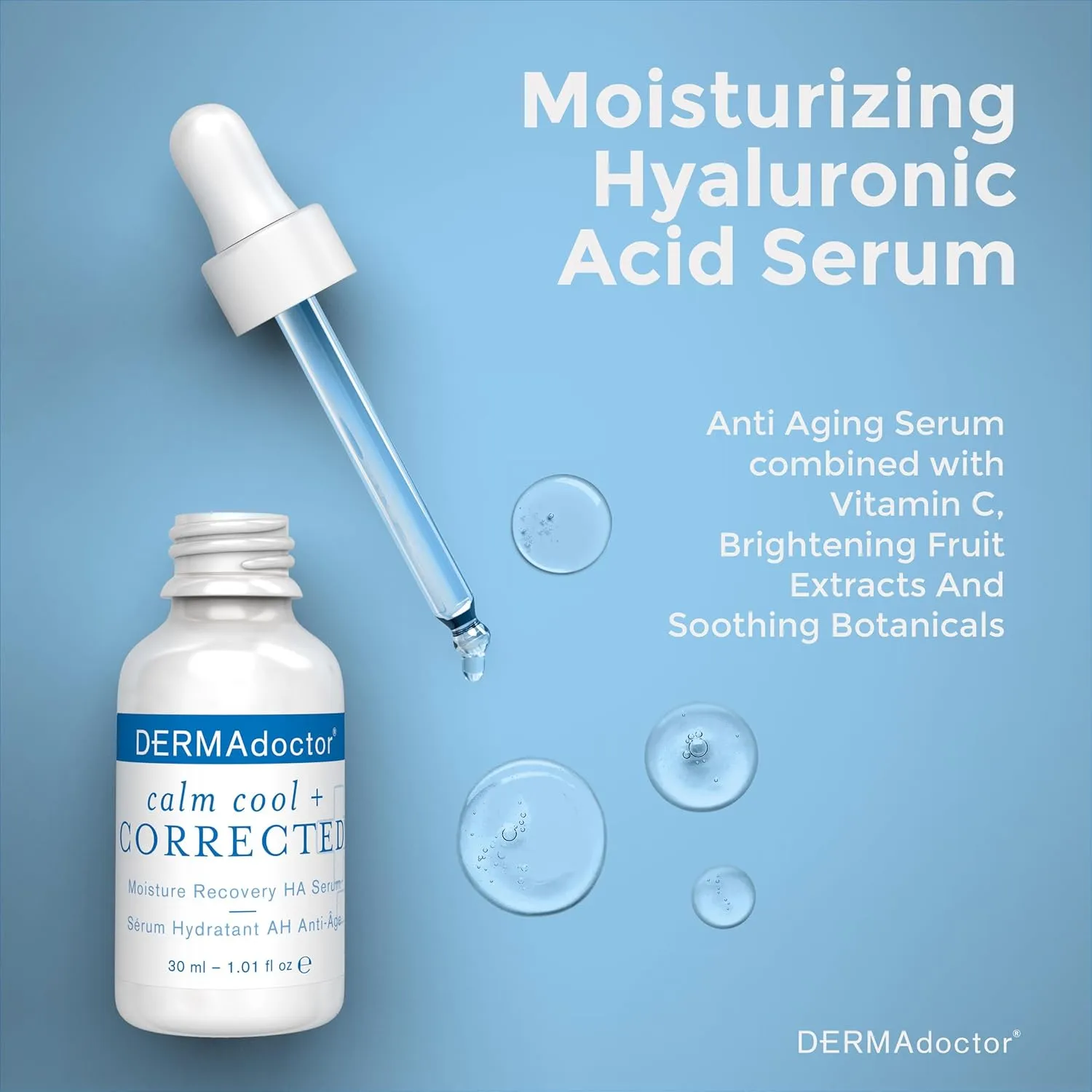 DERMAdoctor Calm Cool   Corrected Dermatologist Formulated Moisture Recovery Hyaluronic Acid Serum with Vitamin C & Niacinamide; Hydrating & Brightening Anti Aging Serum for Sensitive Skin - 1 fl oz