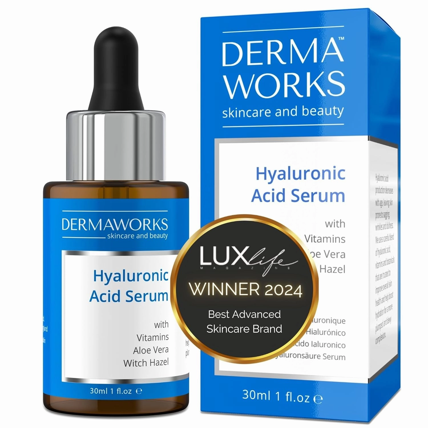 DERMAWORKS Hyaluronic Acid Serum for Face with Vitamin C – Deep Hydration, Skin Firming & Brightening – Anti-Aging Facial Treatment & Lightweight Moisturizer for Radiant, Smooth Skin – For Men & Women
