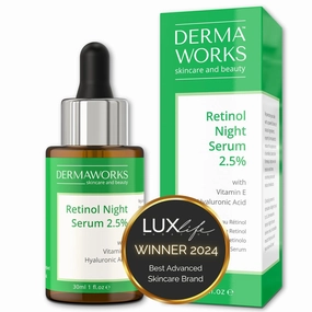 DERMAWORKS Retinol Serum – Anti-Aging Face Night Treatment for Fine Lines & Wrinkles – Hydrating & Firming Formula with Vitamin E & Hyaluronic Acid – Skin Renewal for Radiant Skin, 30ml