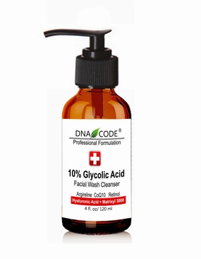 DNA Code®-10% Glycolic Acid Facial Wash Cleanser W/Hyaluronic Acid,Argireline, Matrixyl 3000,CoQ10, Green Tea