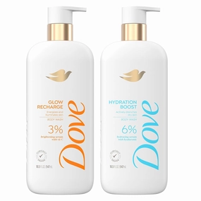 Dove Body Wash Hydration Boost Actively drenches dry skin 6% hydration serum with hyaluronic 18.5 oz & Exfoliating Body Wash Glow Recharge Energizes & illuminates skin 3% brightening serum