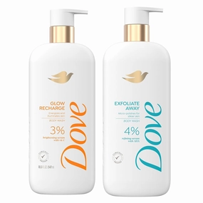 Dove Exfoliating Body Wash Glow Recharge Energizes & illuminates skin 3% brightening serum & Body Wash Exfoliate Away Micro-polishes for silkier skin 4% refining serum with AHA 18.5 oz