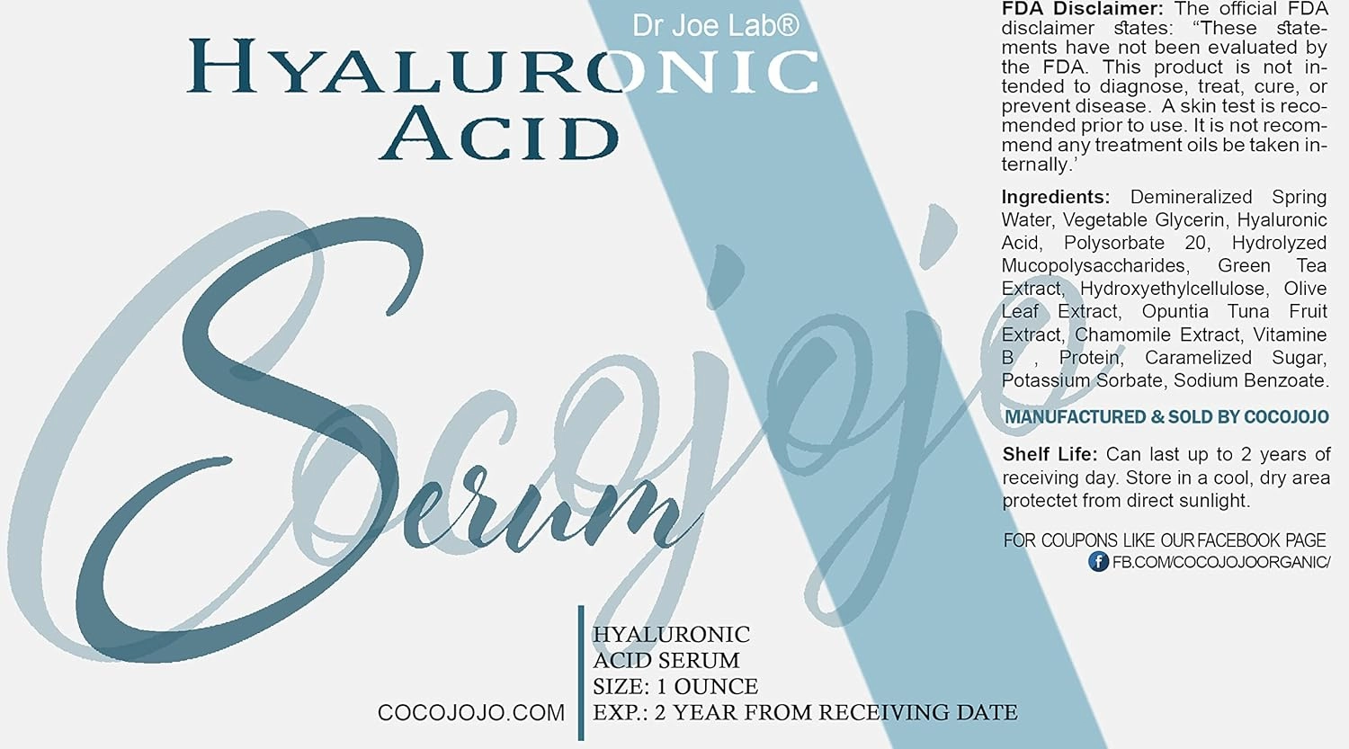 Dr. Joe Lab's Hyaluronic Acid Serum for Face Skin Body Lips - 1 oz.