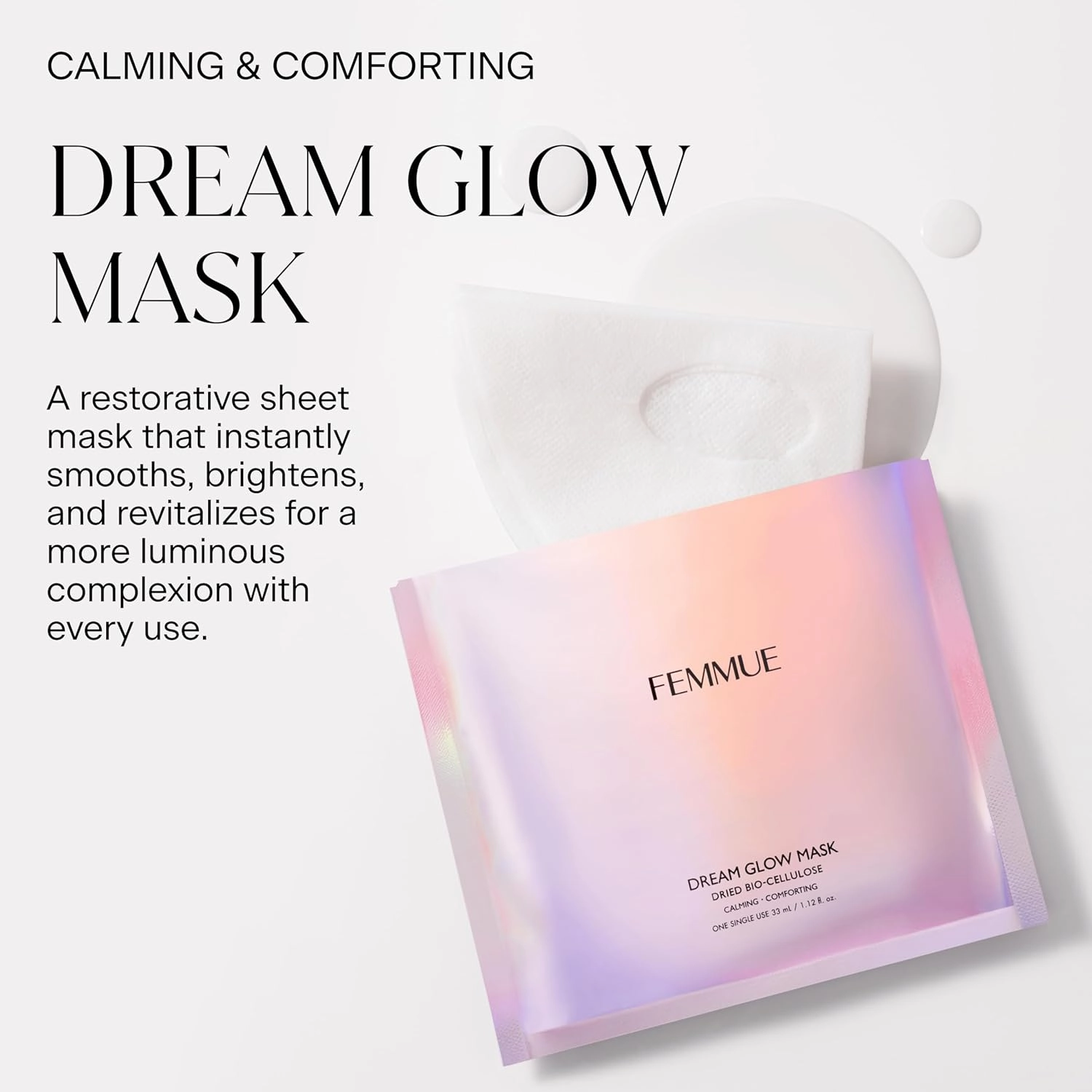 Dream Glow Mask - Calming Comforting (6pk) | Bio-Cellulose Face Sheet Mask with Vitamin Complex | Hydrating & Anti-Aging | Korean Skincare Treatment