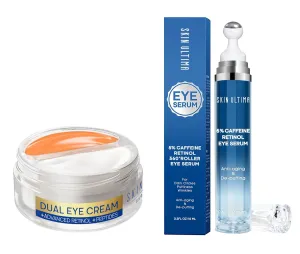 Dual Eye Cream and Eye Serum Bundle - Caffeine, Retinol, Peptides for Puffy Eyes and Dark Circles, Wrinkles, Anti Aging, Under Eye Bags Treatment