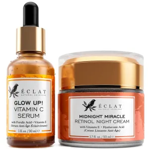 Eclat Youthful Glow Night Duo - 2.5% Retinol Night Cream 1.7 fl oz   Vitamin C Serum 1 fl oz for Hydrating, Firming and Brightening Skin