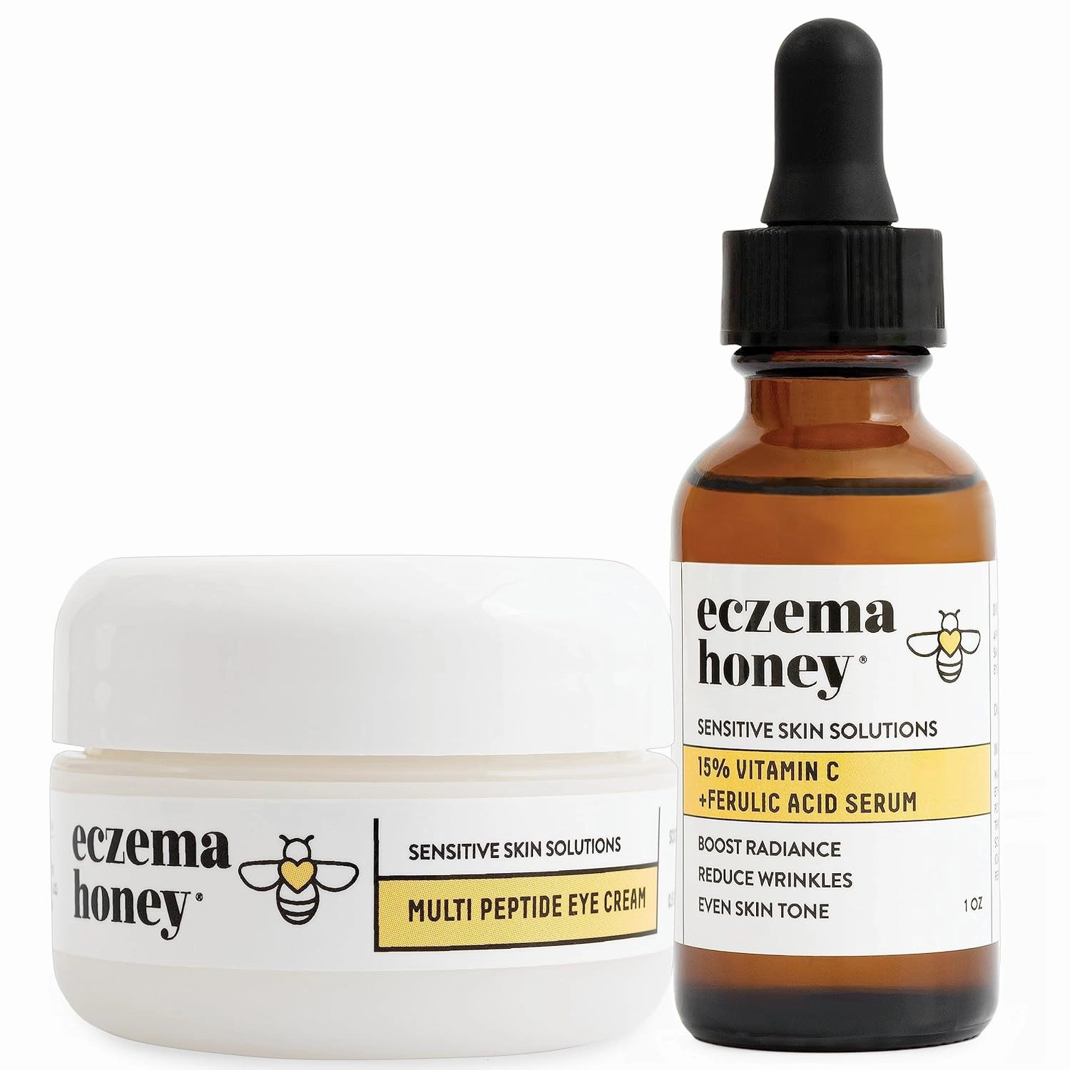 ECZEMA HONEY Multi Peptide Eye Cream & 15% Vitamin C   Ferulic Acid Serum - Bundle for Sensitive & Dry Skin - Cruelty Free