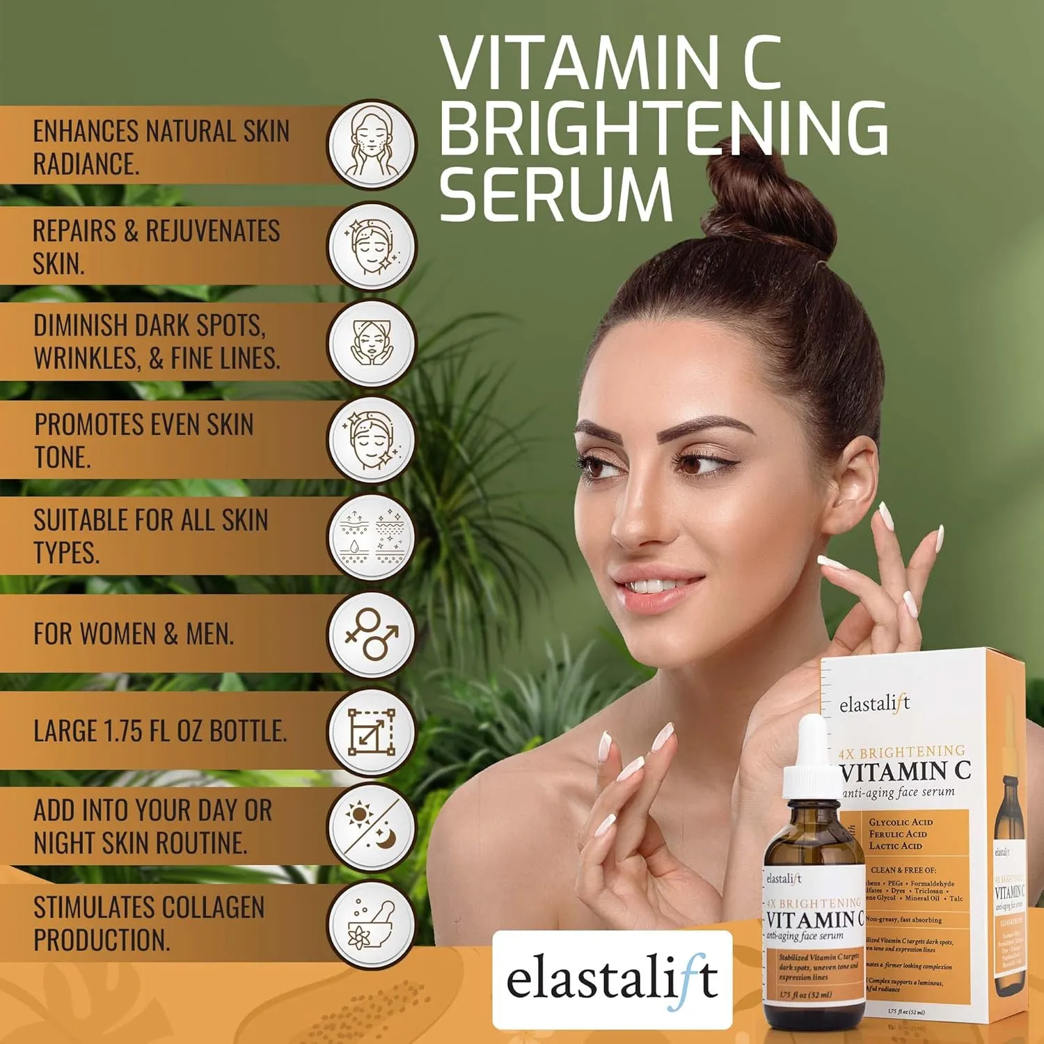 Elastalift Vitamin C Facial Serum For Age Spots, Wrinkles, & Expression Lines. Anti-Aging Face Serum W/Vitamin C & Hyaluronic Acid Brightens Skin To Promote Healthier Skin Complexion (2-Pack)