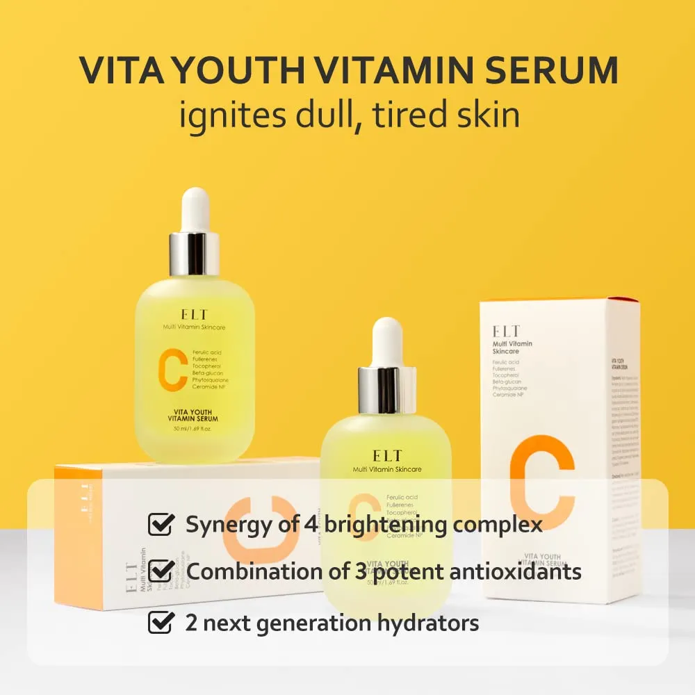 ELT Vita Youth Vitamin C Face Serum 1.69fl.oz.(50ml) | Skin Brightening | Ferulic Acid | Beta-Glucan| Anti-Aging and Calming Effect | Dark Spot Remover | Multi Vitamins Care | Korean Skincare