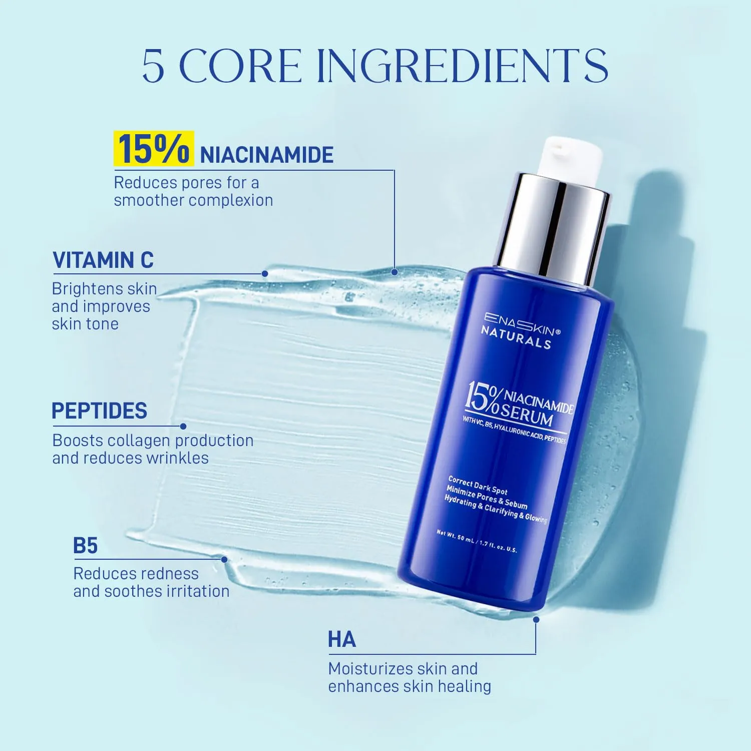 Enaskin Naturals 15% Niacinamide Serum With VC, B5, Hyaluronic Acid, Peptide | For All Skin Types