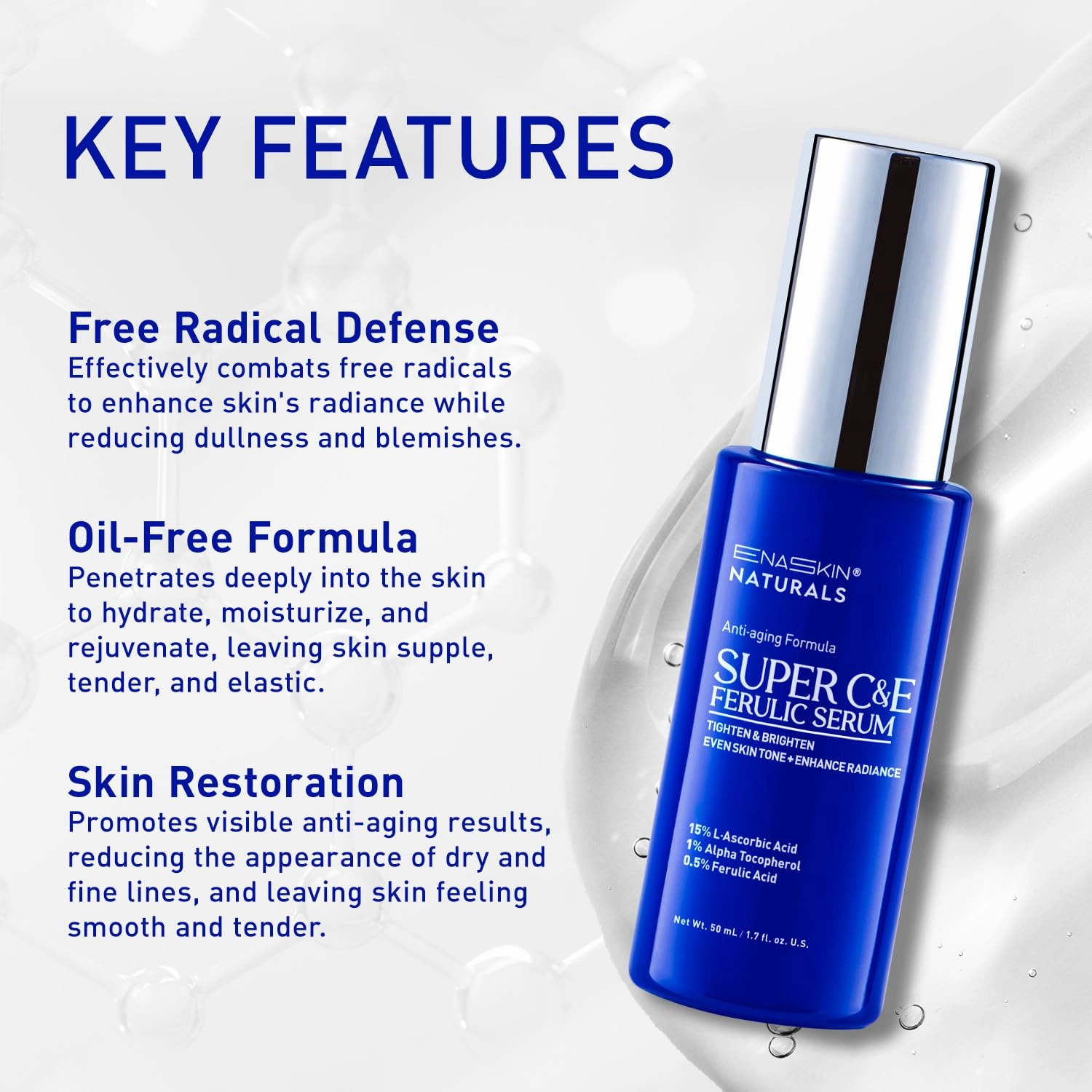 Enaskin Naturals Vitamin C Face Serum for Women - Skin Care for Dark Spots, with Hyaluronic Acid, Ferulic Acid, & Vit E - Anti Aging and Skin Brightening, Pure Vit C Facial Care
