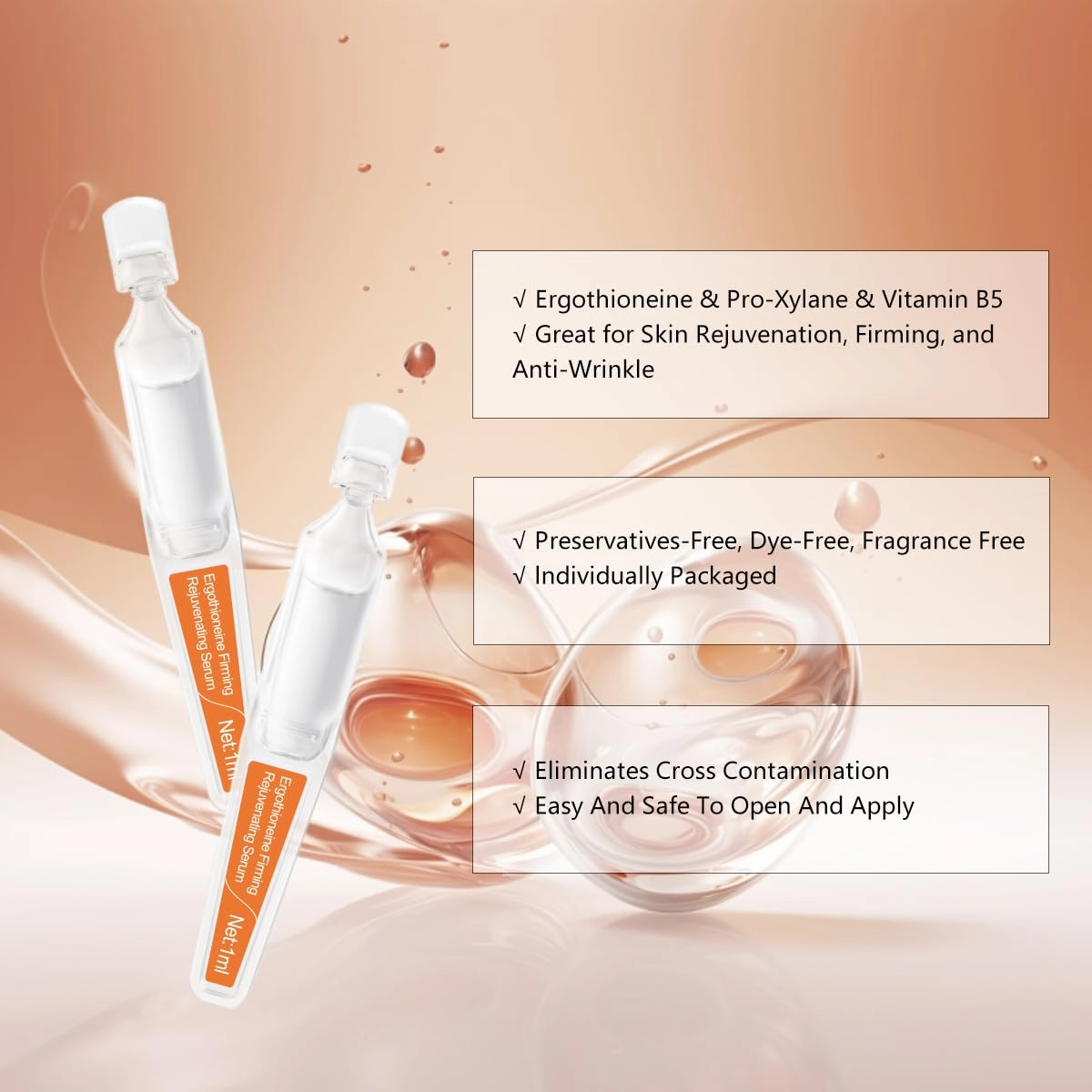 Ergothioneine Firming Serum Ampoules - Hydrating and Repairing Formula with Pro-Xylane, Centella Asiatica Extract, and Vitamin B5 for Various Skin Types, 30 Pcs/Box