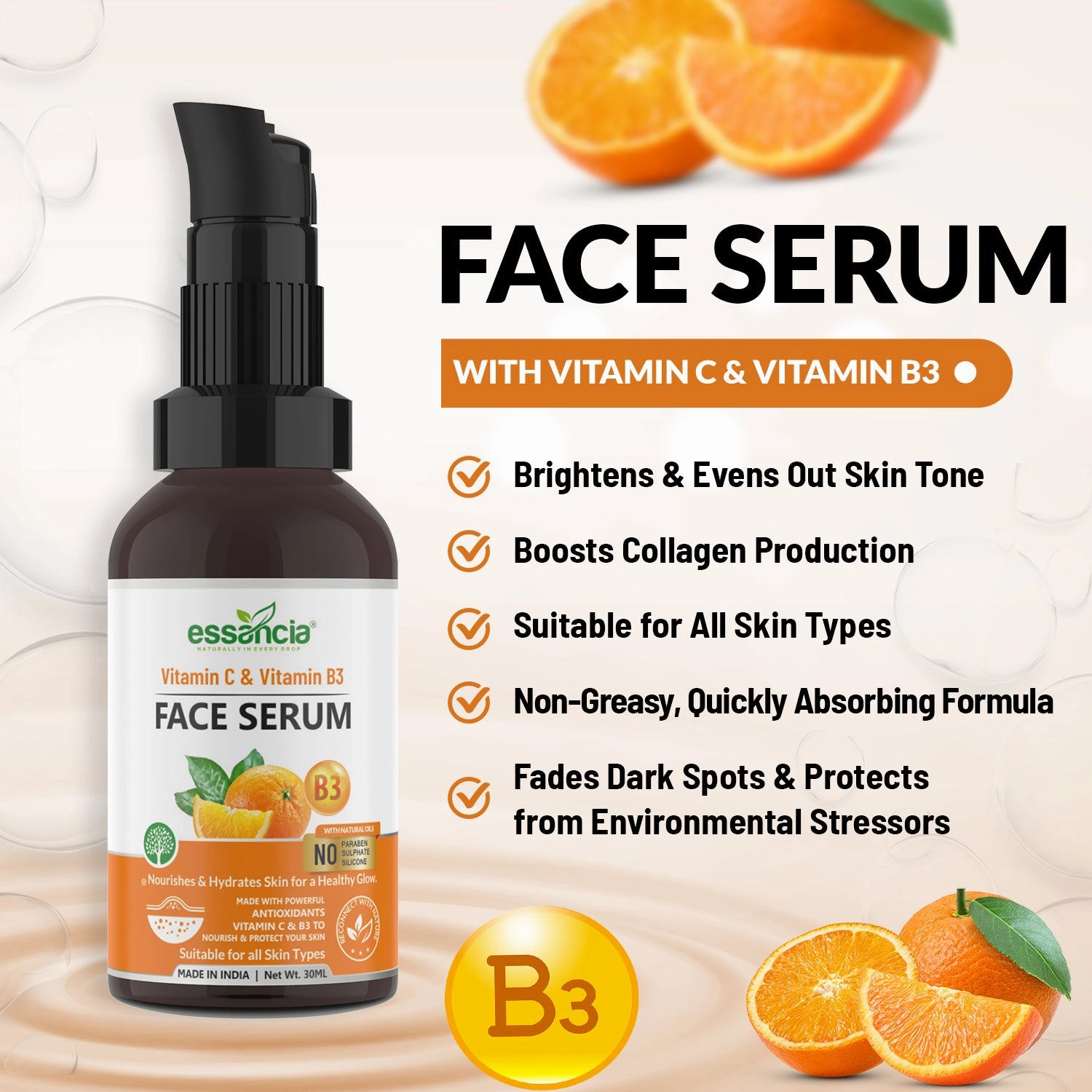 Essancia Vitamin C & B3 Face Serum - Skin Brightening & Protection Formula (30ml)