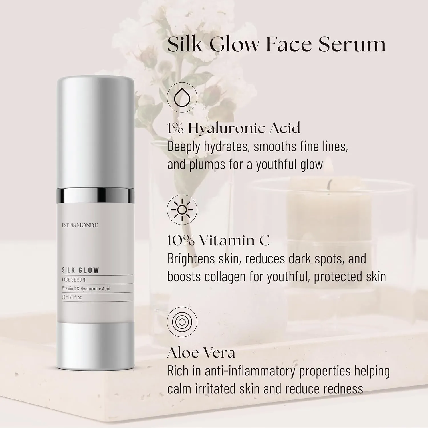 EST. 88 Monde Vitamin C 10% Face Serum with Hyaluronic Acid – Anti-Aging, Hydrating, Evens Skin Tone, Fades Fine Lines & Wrinkles – Vegan Skincare, All Skin Types – 1 Fl Oz