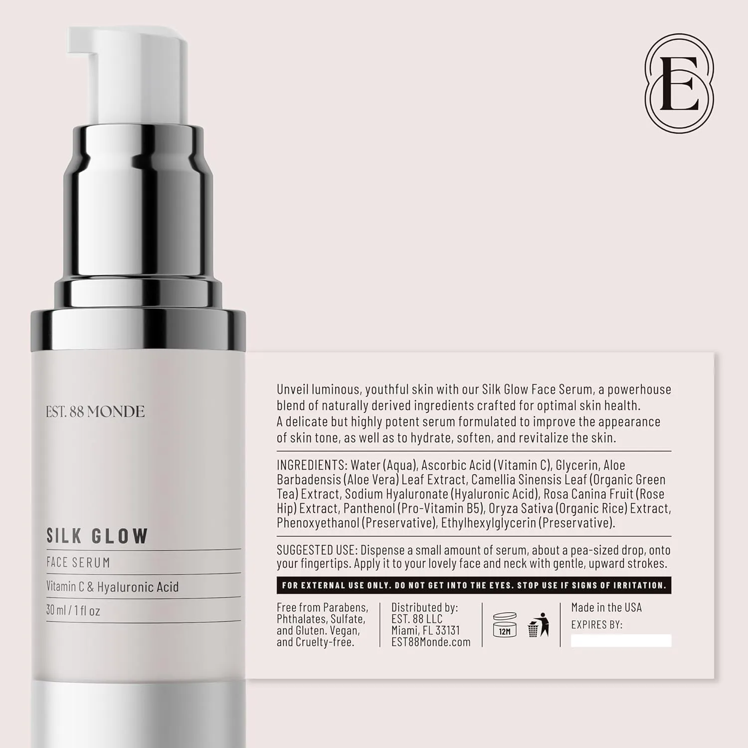 EST. 88 Monde Vitamin C 10% Face Serum with Hyaluronic Acid – Anti-Aging, Hydrating, Evens Skin Tone, Fades Fine Lines & Wrinkles – Vegan Skincare, All Skin Types – 1 Fl Oz