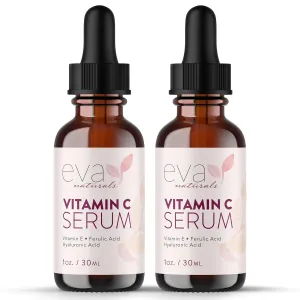 Eva Naturals 20% Vitamin C Serum For Face, Pure Vitamin C Face Serum for Wrinkles, Acne, Dry Skin, and Dark Spots - Facial Vitamin C Serum (1oz) (2 Pack)
