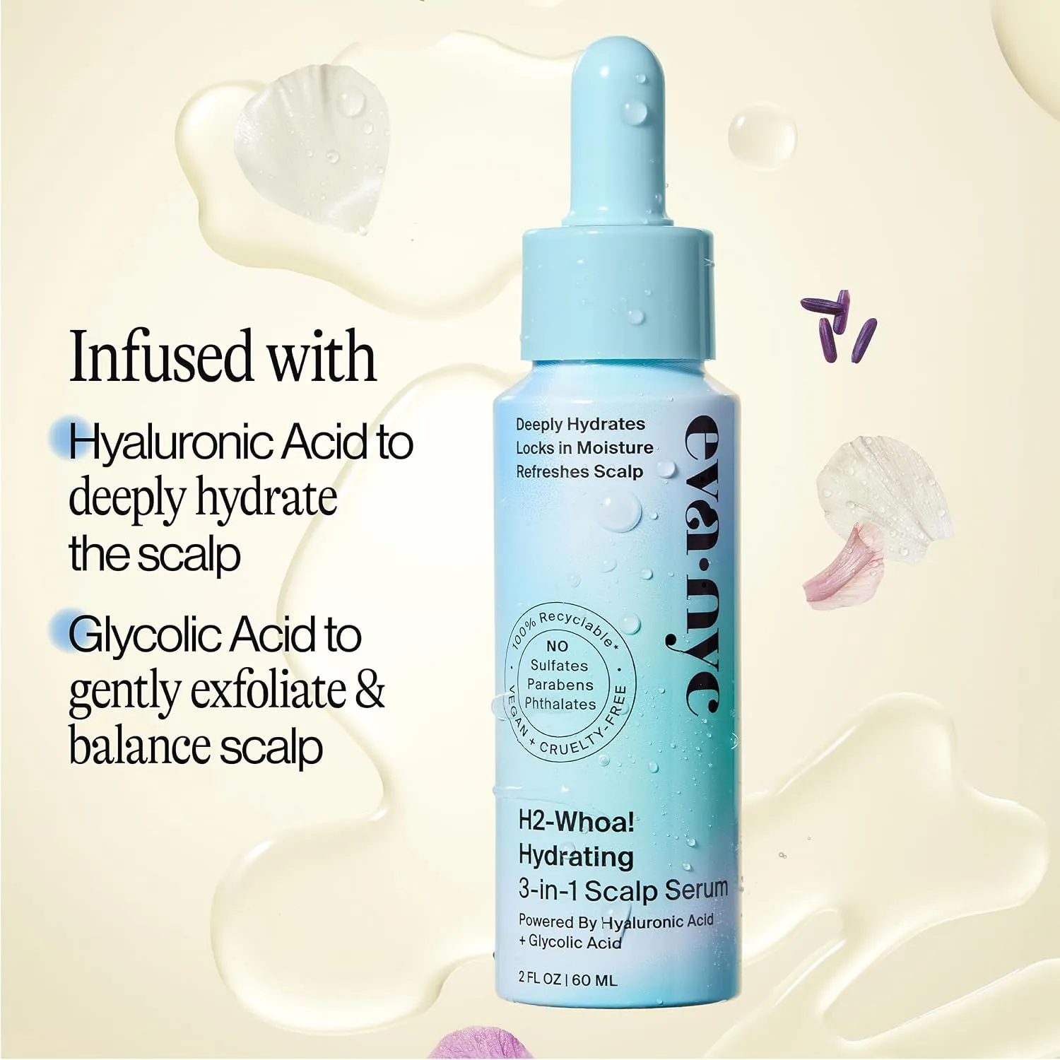 Eva NYC H2-Whoa Hydrating 3-in-1 Scalp Serum, Infused with Hyaluronic Acid and Glycolic Acid, 2.0 fl oz