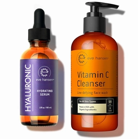 Eve Hansen Hyaluronic Acid Serum (2 oz) & Vitamin C Cleanser Face Wash - Hydrating Facial Bundle for Fine Lines, Dark Circles, and Age Spots | Cruelty-Free, Vegan Skincare